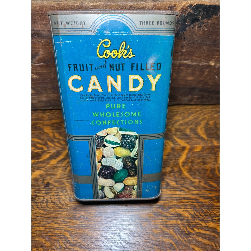 Vintage Cooks Fruit and Nut Filled Candy Tin 3lb Cleveland Ohio Advertising Blue